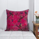 22" Beautiful Pink Flower Bird Printed Velvet Cushion Case
