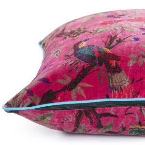 22" Beautiful Pink Flower Bird Printed Velvet Cushion Case - Image 5