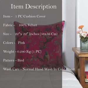 22" Beautiful Pink Flower Bird Printed Velvet Cushion Case - Image 8