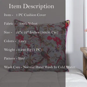 22" Grey Bird Design Velvet Cushion Cover - Image 8
