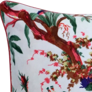 22" Inch Hand Brid Printed White Velvet Cushion Cover - Image 3