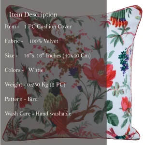 22" Inch Hand Brid Printed White Velvet Cushion Cover - Image 6