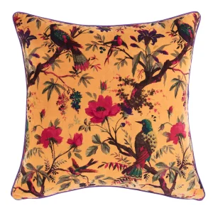 22" Yellow Bird Print Velvet Cushion Cover - Image 3
