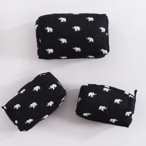 3 PC Elephant Block Printed Cotton Quilted Toiletry Bags - Image 4