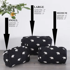 3 PC Elephant Block Printed Cotton Quilted Toiletry Bags - Image 5