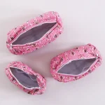 3 pc Pink Leaf Printed Quilted Makeup Cosmetic Carry Bag - Image 2