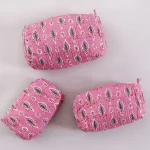 3 pc Pink Leaf Printed Quilted Makeup Cosmetic Carry Bag - Image 4