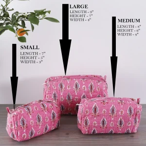 3 pc Pink Leaf Printed Quilted Makeup Cosmetic Carry Bag - Image 5