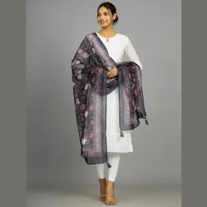Beautiful Floral Print Navy Blue Organza Silk Women Dupatta - Image 4