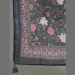 Beautiful Floral Print Navy Blue Organza Silk Women Dupatta - Image 5