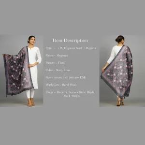 Beautiful Floral Print Navy Blue Organza Silk Women Dupatta - Image 7