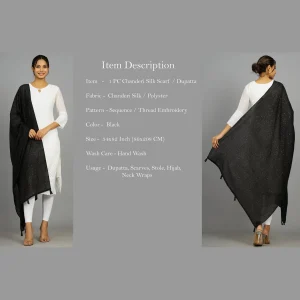Black Designer Embroidered sequined Chanderi Dupatta - Image 7