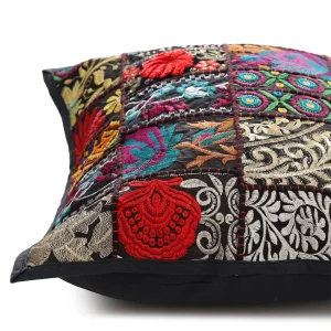 Black Embroidered Khambadiya Patchwork Cushion Cover - Image 4
