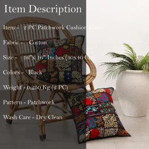 Black Embroidered Khambadiya Patchwork Cushion Cover - Image 7