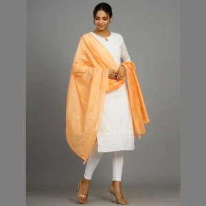 Indian Handmade Peach Chanderi Silk Dupatta - Image 4