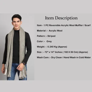 Luxury Grey Striped Acrylic Scarf For Men's - Image 7