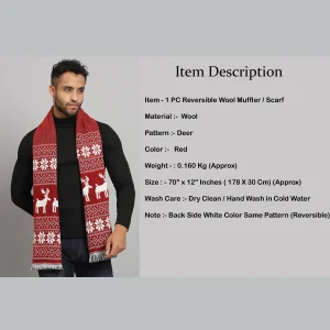 Red Wool Muffler- Reversible Deer Pattern Scarf - Image 8
