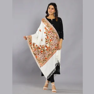 White Embroidered Wool Stole Gift For Women's - Image 3