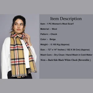 Women Beige Check Reversible Wool Scarves - Image 9