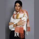 Women Coral Check Wool Neck Wrap Scarf - Image 2
