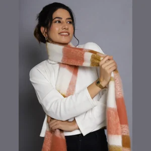 Women Coral Check Wool Neck Wrap Scarf - Image 3