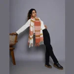 Women Coral Check Wool Neck Wrap Scarf - Image 4