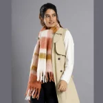 Women Coral Check Wool Neck Wrap Scarf - Image 7