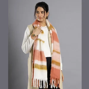 Women Coral Check Wool Neck Wrap Scarf - Image 8