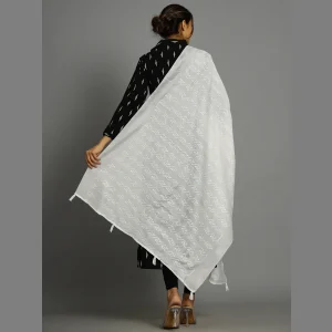 Women White Thread Embroidery Polyster Silk Dupatta - Image 4