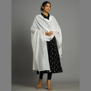 Women White Thread Embroidery Polyster Silk Dupatta - Image 6