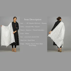 Women's Embroidered White Dupatta Scarf - Image 7