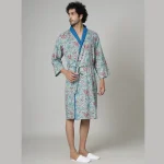 Turquoise Floral Print Pure Cotton Bath Robe - Image 2