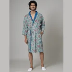 Turquoise Floral Print Pure Cotton Bath Robe
