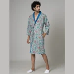 Turquoise Floral Print Pure Cotton Bath Robe - Image 3