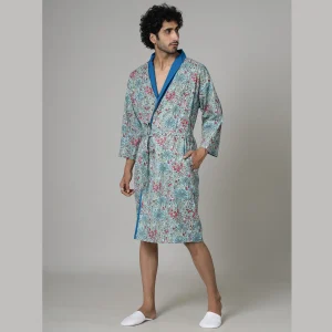 Turquoise Floral Print Pure Cotton Bath Robe - Image 3