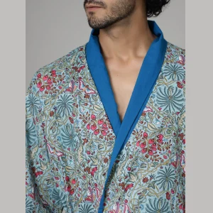 Turquoise Floral Print Pure Cotton Bath Robe - Image 4