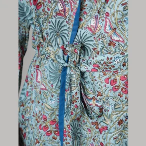 Turquoise Floral Print Pure Cotton Bath Robe - Image 5