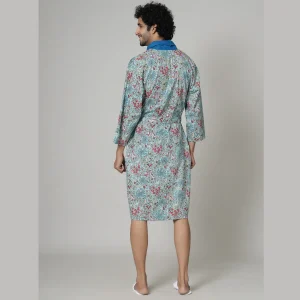 Turquoise Floral Print Pure Cotton Bath Robe - Image 6