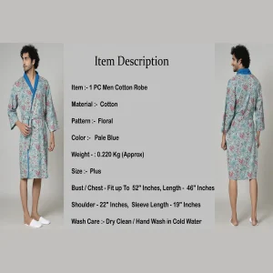 Turquoise Floral Print Pure Cotton Bath Robe - Image 7
