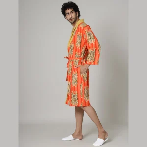 Orange Color Tiger Print Men's Bathrobe - Image 3