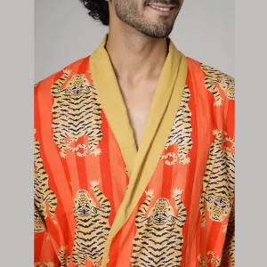 Orange Color Tiger Print Men's Bathrobe - Image 5