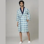 Men’s Cotton Toweling Bathrobe White Ikat Printed
