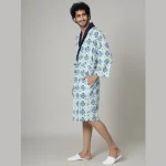 Men’s Cotton Toweling Bathrobe White Ikat Printed - Image 2