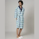 Men’s Cotton Toweling Bathrobe White Ikat Printed - Image 3