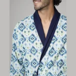 Men’s Cotton Toweling Bathrobe White Ikat Printed - Image 4