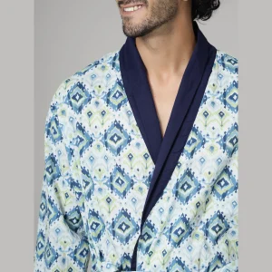 Men’s Cotton Toweling Bathrobe White Ikat Printed - Image 4