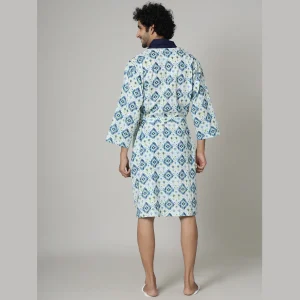 Men’s Cotton Toweling Bathrobe White Ikat Printed - Image 5