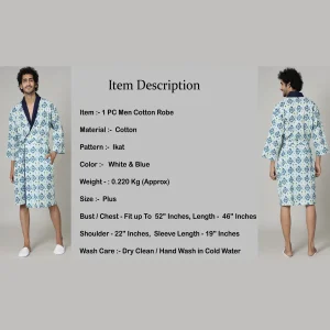 Men’s Cotton Toweling Bathrobe White Ikat Printed - Image 7