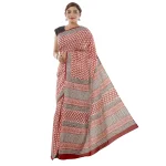 Beautiful Red Floral Print Cotton Saree - Image 2