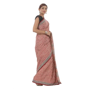 Beautiful Red Floral Print Cotton Saree - Image 3